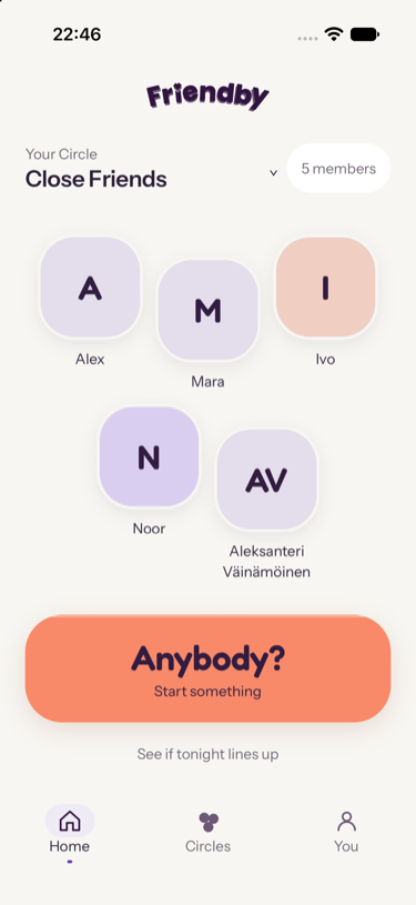 Actual development app Home showing a Close Friends Circle with five fictional monogram profiles and an Anybody? button